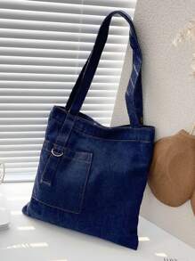 1 件休闲学院风牛仔单肩包 - 宽敞大容量手提包轻便拉链男女通用购物袋适合日常使用/购物/旅行 - 藍色 - 查看 10