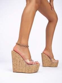 Sandalias de plataforma y cuña retro para mujer con suela gruesa impermeable de patrón de madera, tira transparente de Lucite, banda elástica, correa para el tobillo y tacón grueso alto para uso casual, estilo bohemio y playa