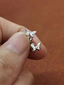 6pcs/2pcs Set Copper Butterfly Screw Earring Studs, Anti-Lost Versatile Earbone Jewelry - Silver Pair - View 1