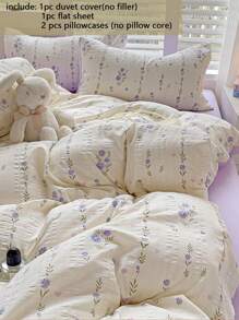 4pcs Bedding Set, Soft Lavender Print Duvet Cover, Suitable For Double Bed Or Single Dorm, Daily Use Beddings Include 1 Duvet Cover, 1 Flat Sheet, 2 Pillowcases (Filler Not Included)