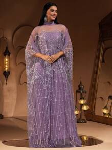 New Luxury High-End Sequin, Sequins & Lace Patchwork Elastic Underlayer Women's Elegant 2 Pieces Turkish Robe Dress (Size Runs Large, Customers Advised To Check Size Chart When Ordering) - Màu tím - Xem 3