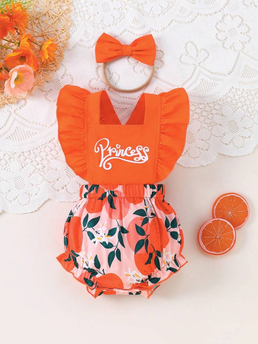 Infant Baby Girls' Letter Print Ruffle Back Cross Strap Avocado All Over Print Bodysuit + Headband Set - Multicolor - View 1