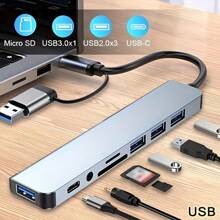 Hub USB de 8 en 2 que ahorra espacio con conector de audio, adaptador multipuerto para tabletas, alimentado por USB, voltaje de funcionamiento de 5V, compatible con tabletas