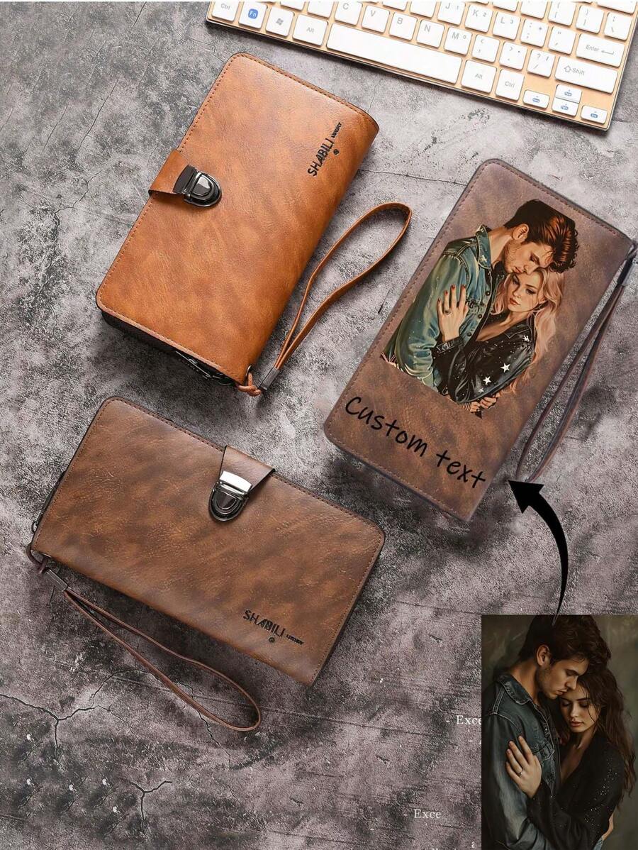 Personalized Leather Long Wallet Unisex Gift Vertical Bifold Leather Wallet For Husband Mother Father Grandfather Boyfriend Girlfriend Wristlet For Men Wallet Purse Wallet Men Wallet Leather Wallet - Multicolor - View 1