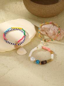 4 件装女士波西米亚风格海滩元素玻璃珠、海星、贝壳、水晶球吊坠手链套装 - 彩色 - 查看 2