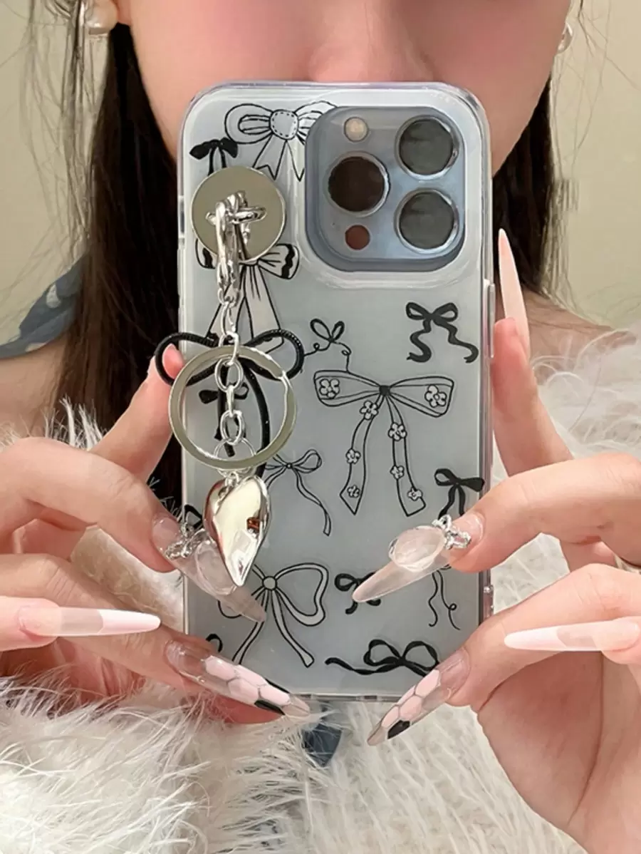 蝴蝶结可爱美学丝带蝴蝶结爱心吊坠手机壳兼容 iPhone 16 15 14 13 12 Pro Max IMD 可爱柔软透明后盖