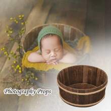 Photography Prop, Wooden Bucket Basket Suitable For Photography,Shooting Background Nest,Solid Wood Material With A Vintage Wood Color,Diameter 35cm / 13.78inch, Height 16cm / 6.30inch, Paired With A Basket Filler Stuffer For Use. Baby Shower Easter Gift Sthings For Girls/Boys