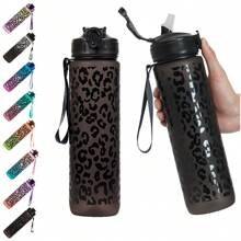 1 件 34 盎司/1000 毫升耐用渐变豹纹印花玻璃杯，带盖和吸管，防漏，便携，带编织手柄，一键打开盖子，防溢，适用于户外运动、骑自行车、健身、学校、生日、复活节、独立日、妇女节、母亲节、情人节、圣诞节、万圣节礼物 - 彩色 - 查看 3
