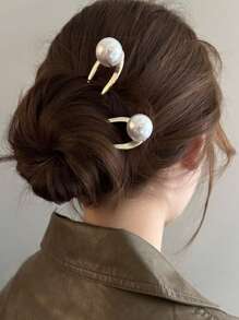 1pc Fashion Faux Pearl U-Shaped Hair Clip, Minimalist Luxury Niche Hair Accessory Hair Bun Hair Pin Hair Bun Maker Bun Hair Piece Hair Styling Pins, School Stuff, Pearl Hair Accessories, Wedding Items, Head Accessories,Summer,Holiday,Travel - Multicolor - View 2
