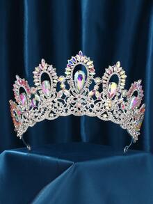 奢华水晶巴洛克女王头饰皇冠，手工制作婚礼公主头箍，镶嵌闪亮水钻，适合万圣节、生日、舞会（金色） - 彩色 - 查看 16