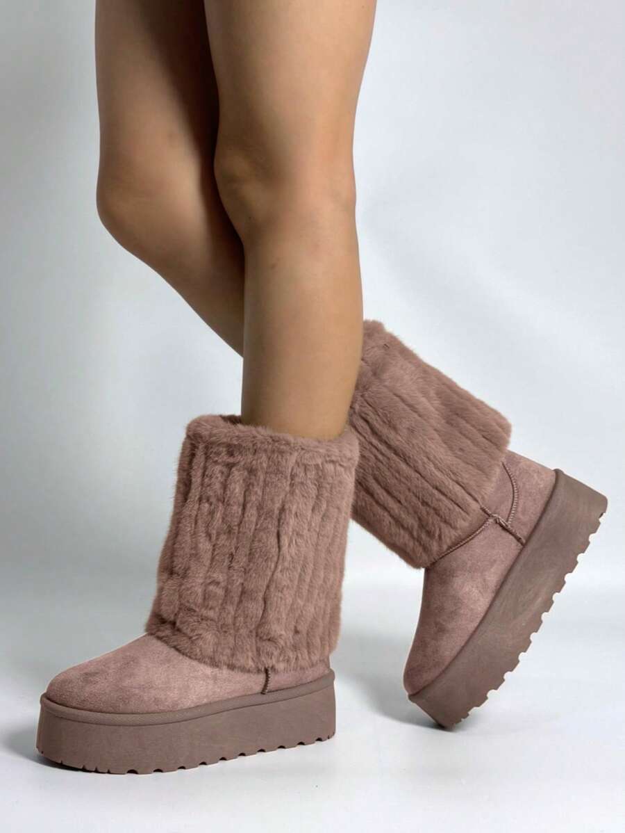 Furry Thick Sole Snow Boots, Cozy Fur-Trimmed Winter Boots, Soft Casual Style - Khaki - View 1