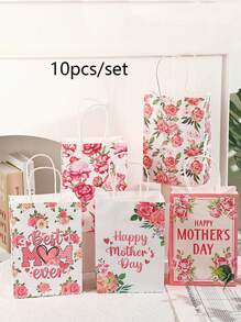 10pcs Mother's Day Floral Print Kraft Paper Gift Bags With Handles - Happy Mother's Day, Best Mom Ever & Pink Rose Designs For Party Favors, Decorations & Celebrations