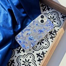 1 pièce Étui de téléphone en TPU souple à motif floral bleu vintage, design élégant de plumes dégradé, style artistique luxueux avec laser scintillant, compatible avec Apple/OPPO/VIVO/Honor/Redmi/Transsion smartphones