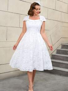 AOMEI Elegant White 1950 Swing Dress Retro Square Collar With Lining Plus Size - White - View 3