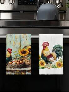 2pcs Spring & Summer Rooster Pattern Kitchen Hand Towels, Bathroom Towels, Dish Towels, Decorative Kitchen Table Accessories, Seasonal Home Kitchen Bathroom Decor, Indoor/Outdoor Party Supplies, Home Room Decor, Suitable For Daily Kitchen Decoration And Holiday Decor