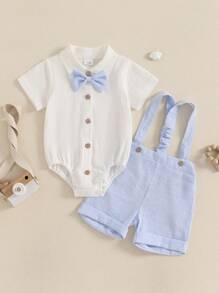 Baby Boy Gentleman Outfit Solid Color Short Sleeve Lapel Neck Romper With Stripe Suspender Shorts And Bowtie - 淺藍色 - 查看 1