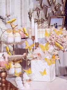 60片3D蝴蝶墙贴，4种款式，3种尺寸，蝴蝶生日装饰、蝴蝶派对装饰、蛋糕装饰、婴儿房装饰，可移除贴纸（金色），款式随机 - 纸质 - 金色 - 查看 6