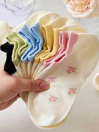 5 双女士短袜，花卉樱桃蝴蝶袜，适合所有季节，颜色随机