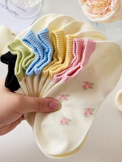 5 双女士短袜，花卉樱桃蝴蝶袜，适合所有季节，颜色随机