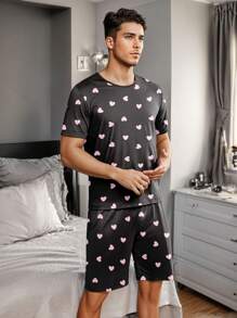 Men's Sleepwear Set, Heart Print Design, Pink - Black - View 5
