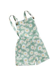 Kids Girls Jean Overalls Daisy Print Sleeveless Adjustable Strpas Imitation Denim Shortall Summer Romper Jumpsuit