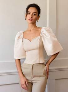 Women Solid Color Retro Palace Style Cropped Top, Puff Sleeve Summer Outfits Terno - Champagne - View 1