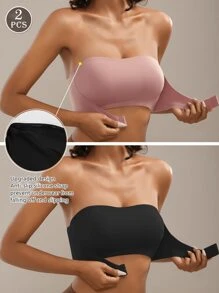 2pcs/Set Front Closure Solid Color Strapless Padded Comfortable Bra Wireless Black+PINK For Women - Multicolor - View 1