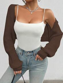 Áo cardigan ngắn tay raglan màu trơn, chất liệu dệt gân, kiểu dáng thường ngày. - màu nâu - Xem 4