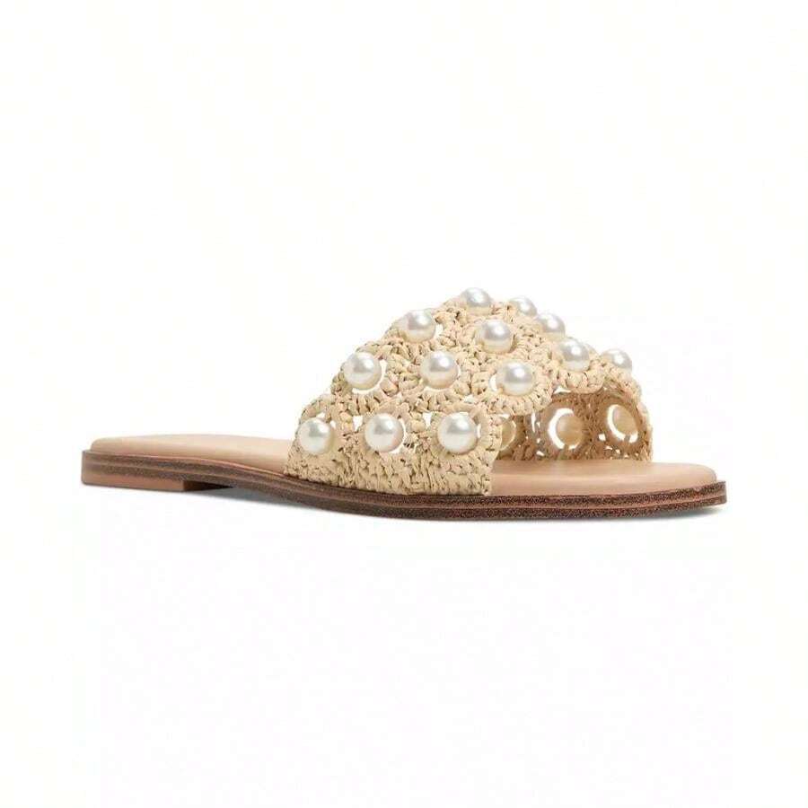 Women's Gizelle Pearl Embellished Flat Slide Sandals | Fall Fashion | Women Flip-Flops - Natural Woven - View 1