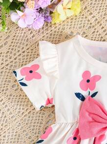 2 件套女婴夏季服装 - 短袖花卉印花荷叶边袖上衣和纯色针织裤，可爱女童 2 件套
