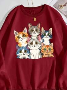 Cat Print Sweatshirt 100% Cotton Comfortable Winter Fashion - Burgundy - View 2