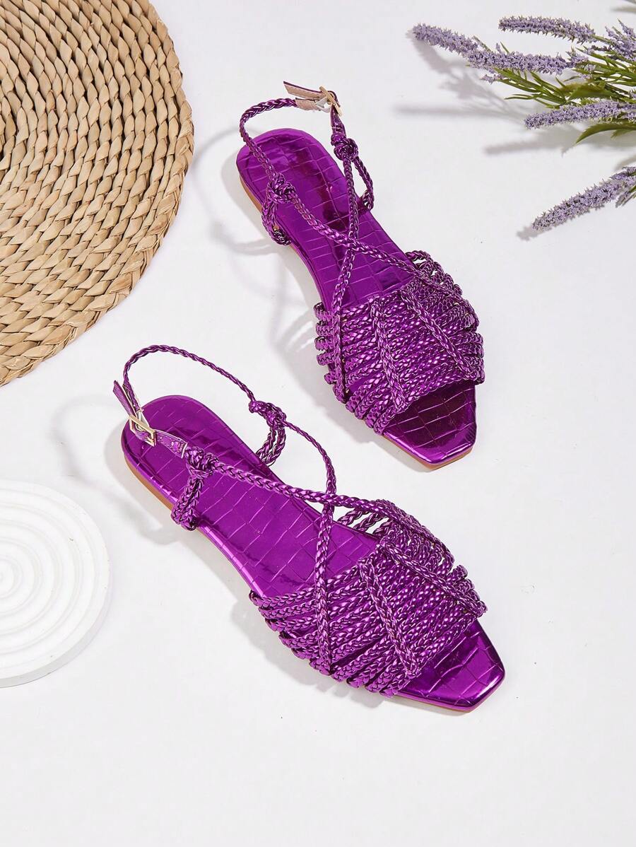 Purple PU Leather Handwoven Strap Handmade Woven Panel Stone Texture Design Ladies Flat Sandals, Random Woven Texture, Random Stone Texture - Purple - View 1