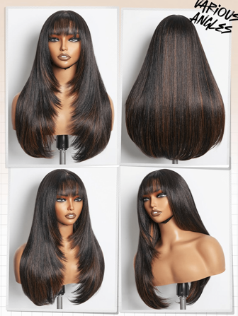 Kadınlar İçin Uzun Vurgulu Kahverengi Düz Peruklar 24 İnç Yapıştırıcısız Gerçekçi Sentetik Peruk Patlamalı Isıya Dayanıklı Doğal Katmanlı Peruk Kızlar İçin Günlük Parti Cosplay