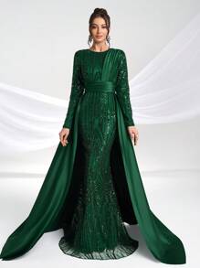 YISIKADO Đầm dạ hội trang trọng dành cho nữ, đầm dài tay sang trọng phối sequin và satin, đầm dự tiệc cưới mùa xuân. - Màu xanh lá cây đậm - Xem 2