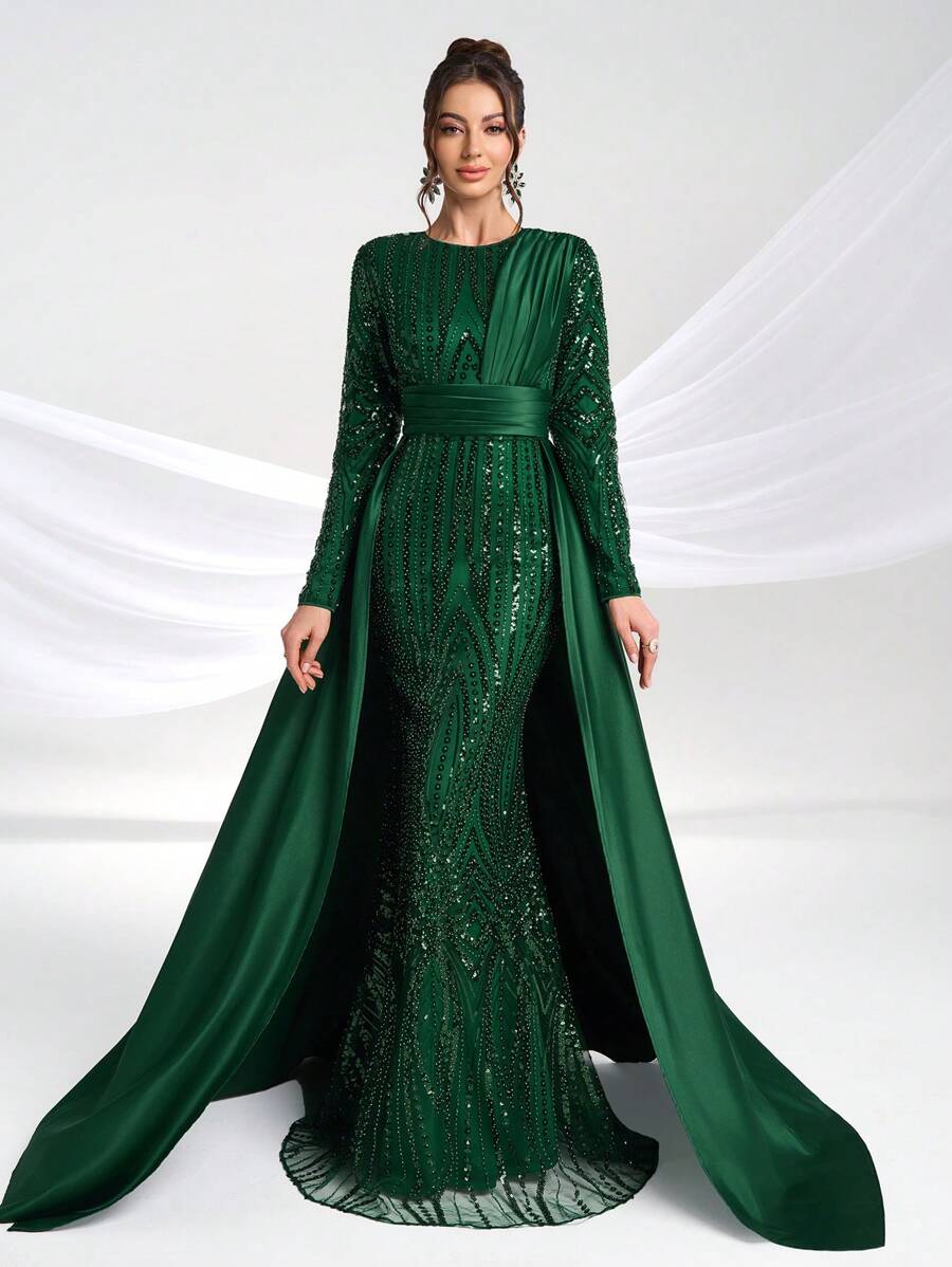 YISIKADO Đầm dạ hội trang trọng dành cho nữ, đầm dài tay sang trọng phối sequin và satin, đầm dự tiệc cưới mùa xuân.