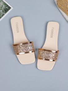 Women's Rose Gold Round Toe Slide Sandals, Casual Beach Flat Flip Flops