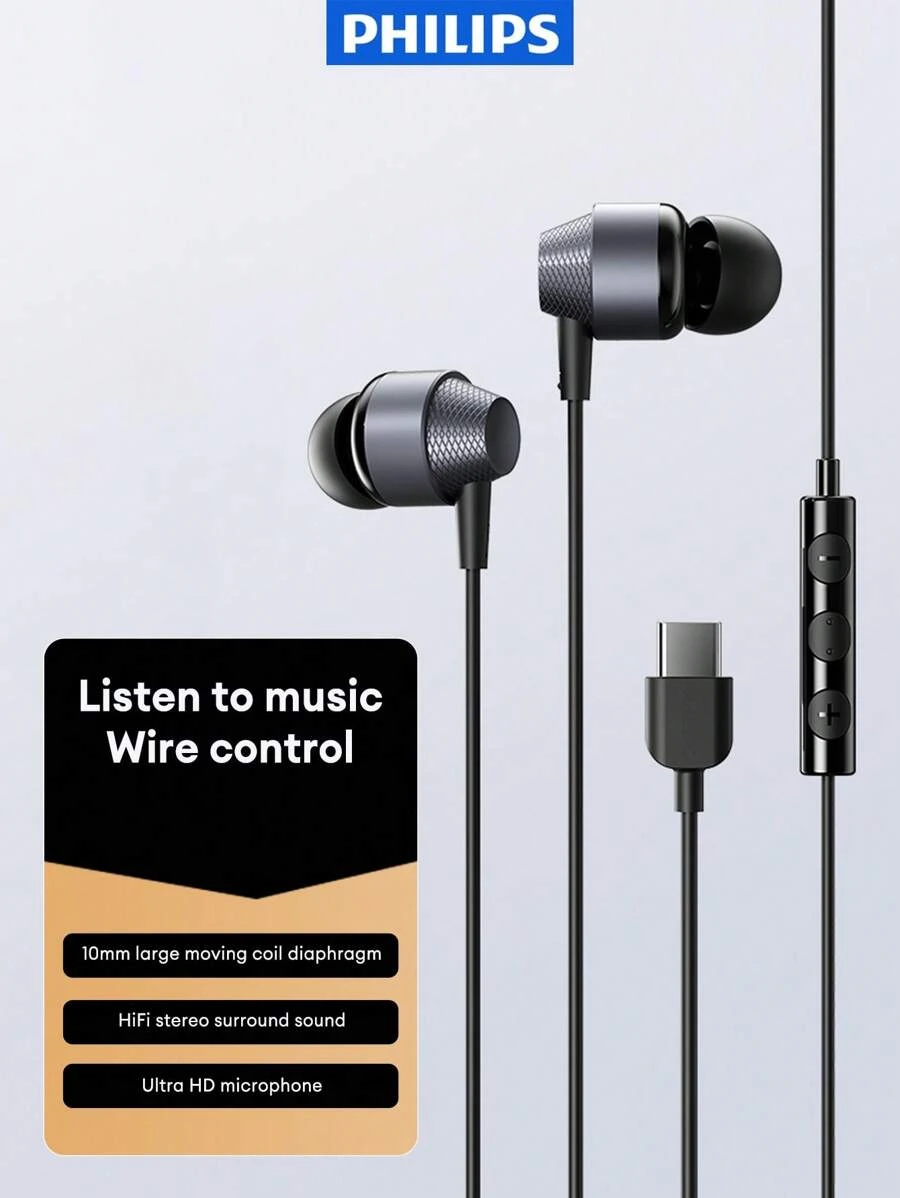 PHILIPS 飞利浦 TAE1120 Type-C 入耳式有线耳机，运动 HIFI 环绕立体声，音乐，游戏，高清麦克风，控制按钮，防缠结，舒适硅胶耳塞，商务有线耳机 - 彩色 - 查看 1