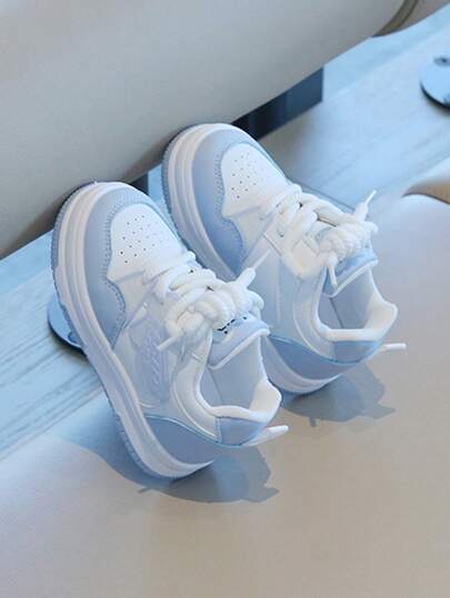 1 Pair Unisex Letter Patchwork PU Non-Slip Thick Sole Round Toe Mid-Top Criss-Cross Lace Up Flat Casual Sports Shoes, Suitable For Spring/Autumn