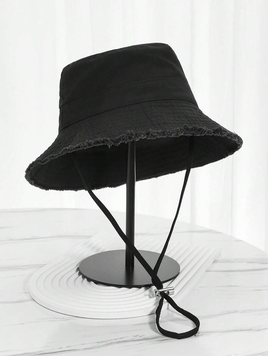 Frayed Brim Bucket Hat Suitable For Outdoor Mountaineering Sun Hat In Summer - Black - View 1