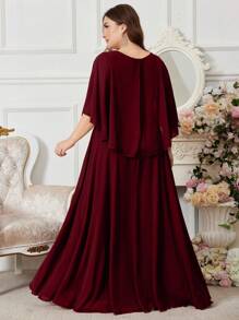 UNITHORSE Plus Size V-Neck Batwing Sleeve Front Embroidered Beaded Decor Chiffon Cocktail Dress, Bridesmaid Dress, Bridal Dress, Birthday Party Dress, Graduation Dress, Formal Dress - Burgundy - View 2