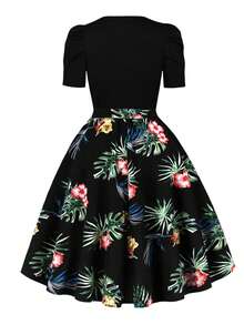 Vestido casual de fiesta de longitud a la rodilla, de cuello redondo, manga abullonada, con estampado floral vintage elegante de verano - Negro - Ver 2
