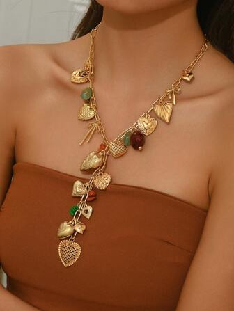 1 pieza Collar colgante con colgante en forma de corazón de resina y piedra natural de alta gama, diseño de múltiples colgantes en forma de Y, apropiado para fiestas, vacaciones, regalos para enamorados. Cada piedra y pieza de resina se selecciona al azar en tamaño y color