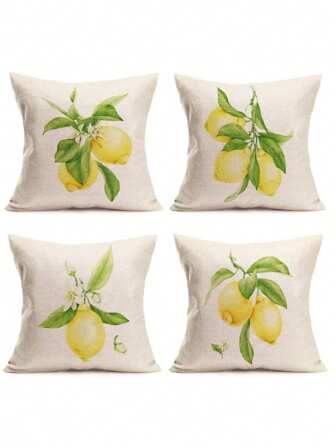 4 件水果枕套，新鲜柠檬和绿叶装饰枕套，方形亚麻枕套装饰室内外家居沙发，单面，不含枕头