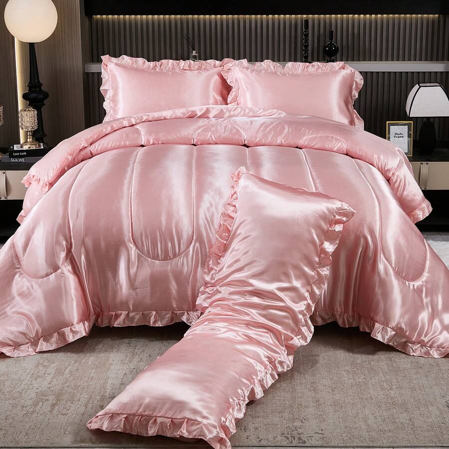 300 Thread Count Satin Comforter Set 4 Pieces Silk Like Pink Comforter Set Luxury Silky Bedding Set Soft Lightweight Ruffle Pillow Cover Cooling Bed Set - 粉色 - 查看 1