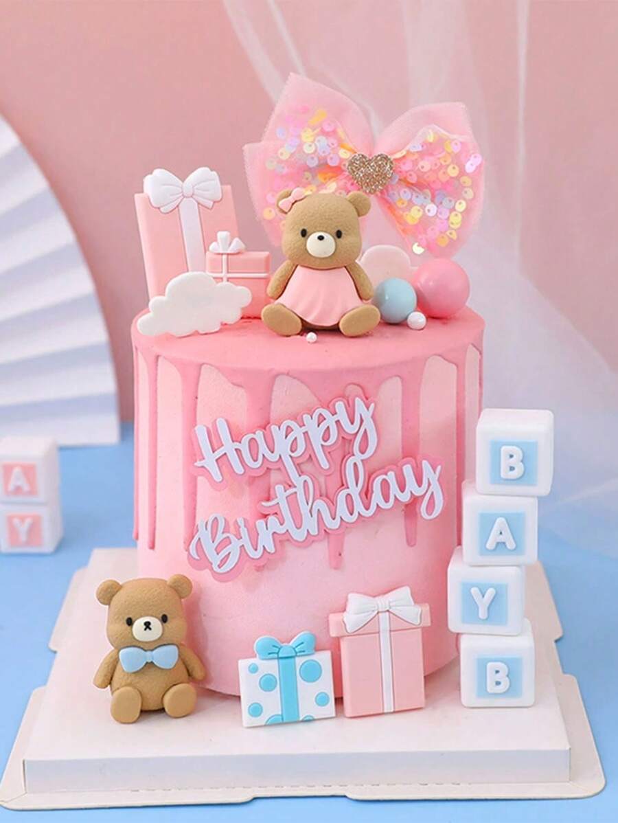 1pc Pink Dress, Blue Bowknot Bear Ornament, Cute Baby Shower Cake Topper For Boy Or Girl Birthday Decoration, Baby Shower Party Decoration - Multicolor - View 1