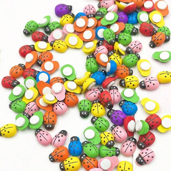 100pcs Multicolor Wooden Mini Bee & Ladybug Self-Adhesive Stickers For DIY Crafts, Card Making, Garden Party Decorations, Stickers For Crafts, Perfect For Room Decor
