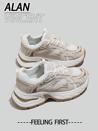  Alan Vincent[City Sneaker Series] Khaki Sneakers För Dam 2025 Nya Tjocksulade Sportskor För Dam Bekväma Och Moderna Löparskor Höjdhöjande Casual Sneakers Dam Utomhusskor Damskor Andningsbara Mesh Lätta Kan Matchas Med Olika Klädsel Och Byxor