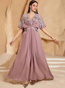 Women's V-Neck Solid Color Floral Embroidered Pearls Decorated High Waist Long Sleeve Arabian Dress