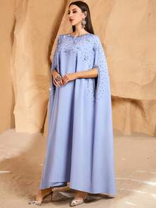 Women's Elegant Conservative Arabic Style Dress With Heavy Bubble Pearl Rivet Rhinestone Embellishment, Modest Abaya - Blue - View 6