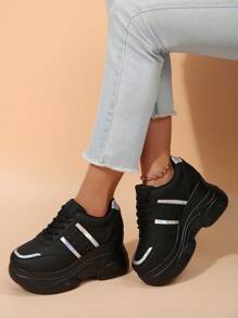 秋冬 1 双女式新款黑色厚底运动鞋，皮革鞋面圆头系带休闲厚底运动鞋，轻便防滑软底 - 炫彩色 - 查看 5